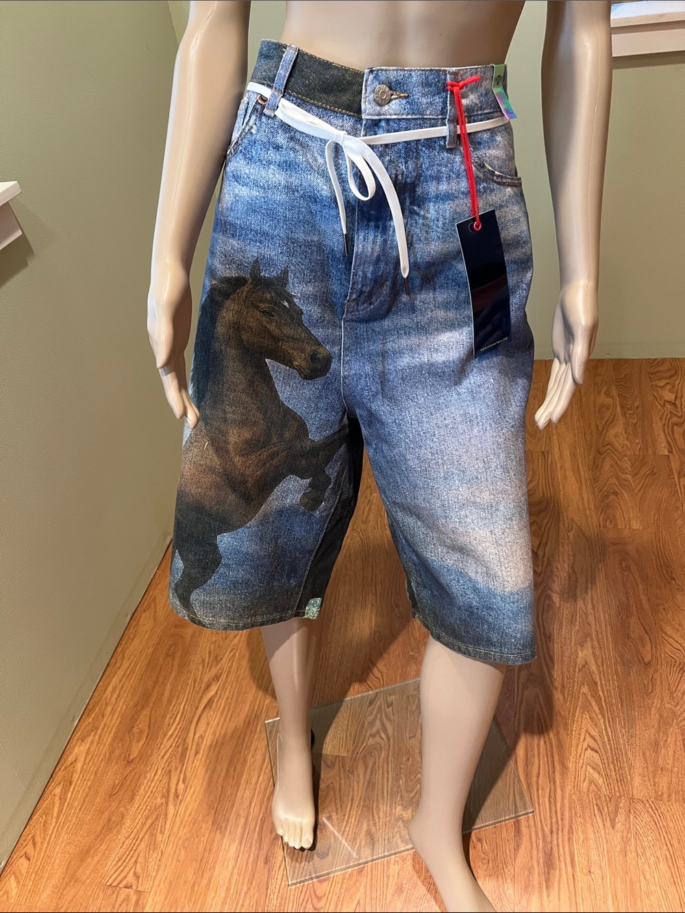 Blue Denim-Print Horse Graphic Shorts Size XL